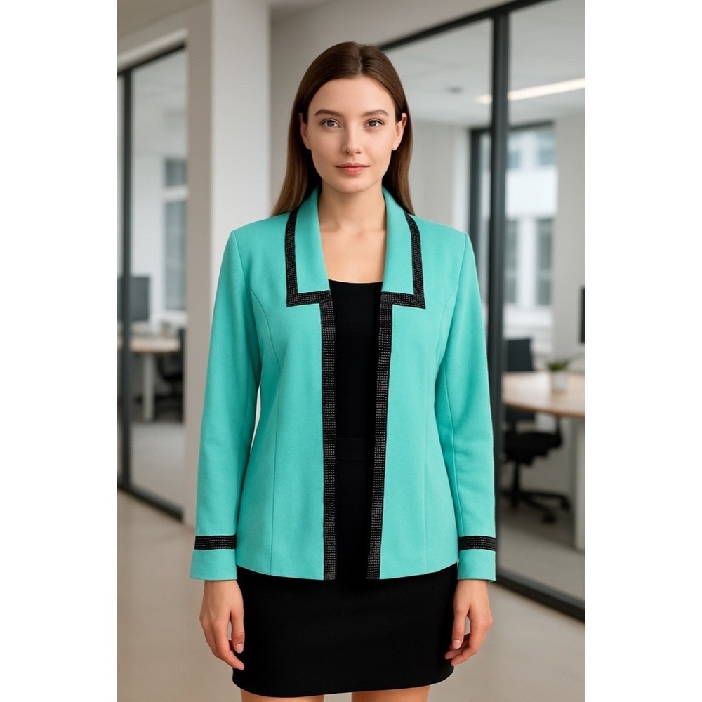 Ming Wang Seafoam Green Black Studded Embellished Cardigan Sweater Medium